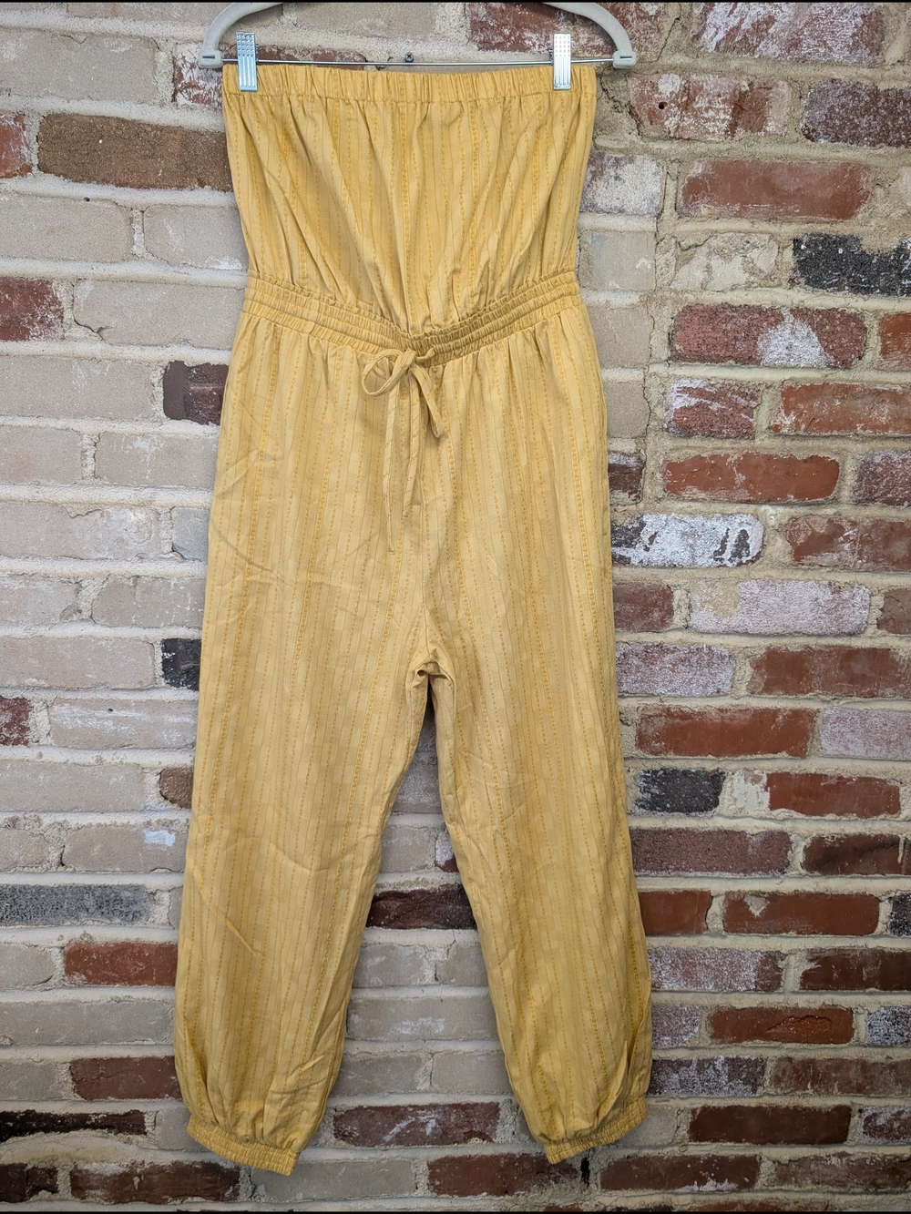 Sadie & Sage Strapless Drawstring Jumpsuit in Mustard